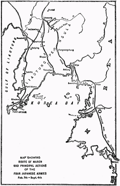 MAP SHOWING ROUTE OF MARCH AND PRINCIPAL ACTIONS
OF THE FOUR JAPANESE ARMIES Feb. 7th-Sept. 4th.