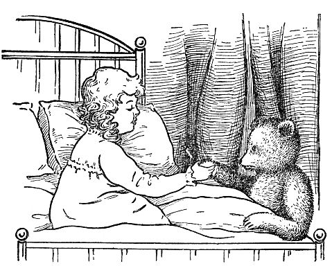 Sally in bed talking to bear standing beside bed