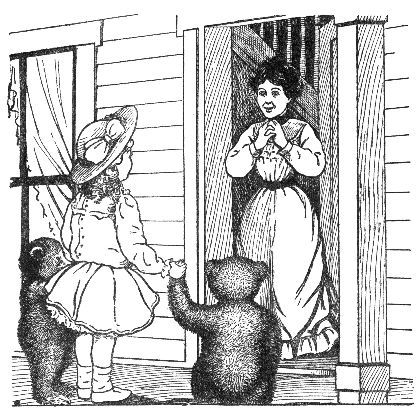 Sally standing on porch holding two bears paws talking to lady in doorway