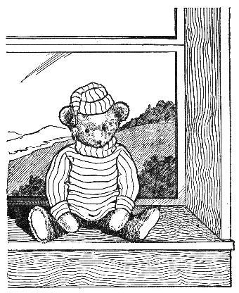 bear sitting in window sill wearing sweater and hat
