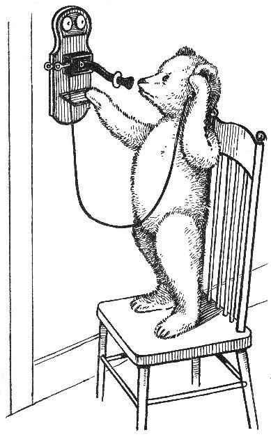 bear standing on chair to reach and talk on telephone
