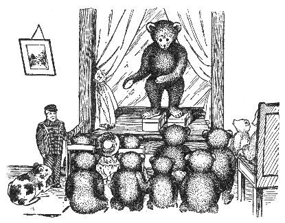 bear on platform addressing crowd of bears in audience