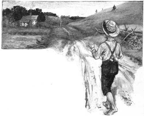 Boy walking and seeing golden widows in distance