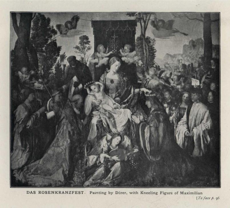 DAS ROSENKRANZFEST.  Painting by Drer, with Kneeling Figure of Maximilian