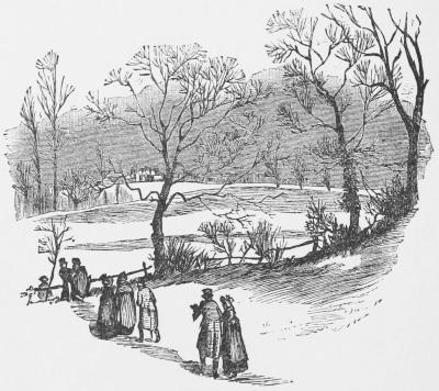 A scene of a park with trees and people strolling