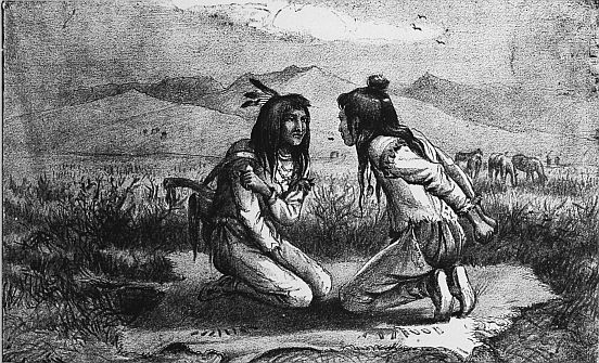 two Indians sitting on hide