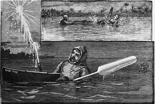 men in water; rocket going off