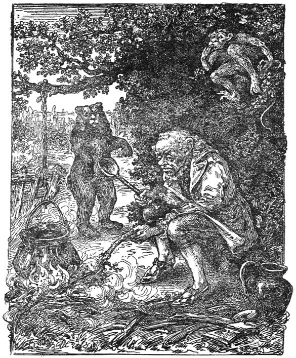 Old man cooking under tree with monkey and bear.