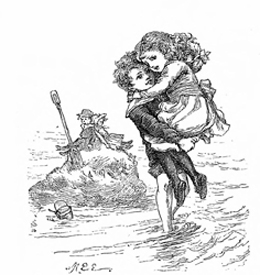girl being carried through water by boy