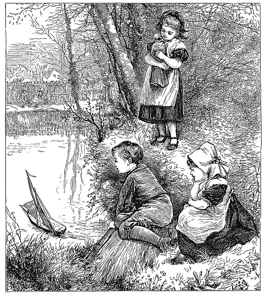 children on shore watching boat in pond
