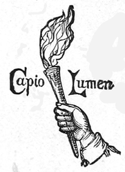 hand with flaming torch, Capio Lumen