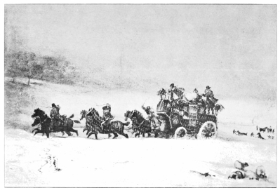 Image unavailable: THE GREAT SNOWSTORM OF 1836; THE EXETER ‘TELEGRAPH,’
ASSISTED BY POST-HORSES, DRIVING THROUGH THE SNOW-DRIFTS AT AMESBURY
(AFTER JAMES POLLARD).