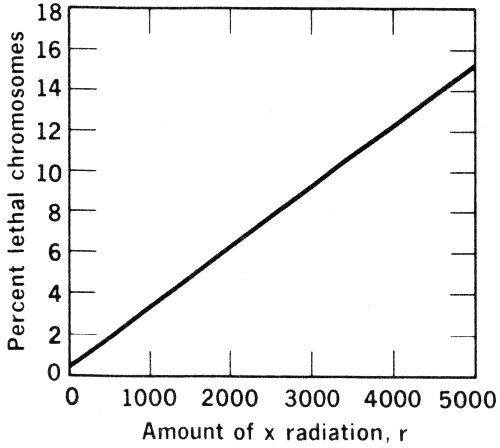 Percent lethal chromosomes vs. Amount of x radiation, r