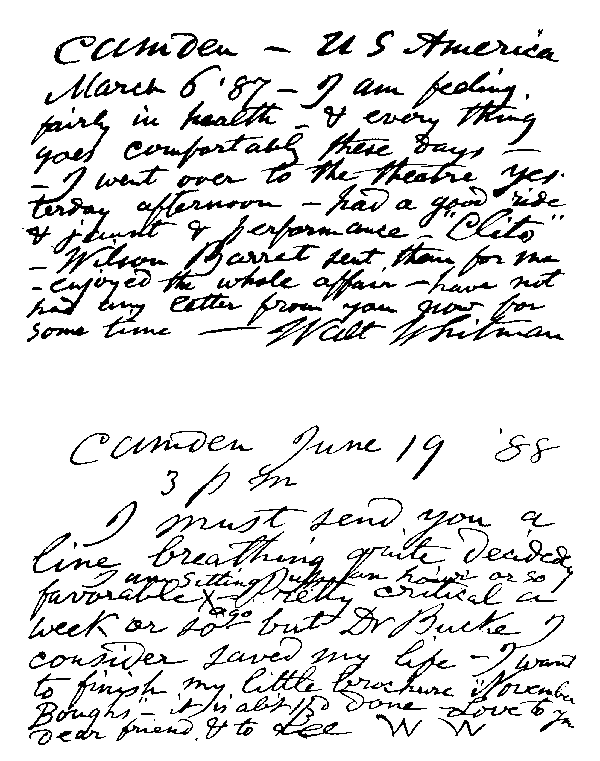 Hand written text from two postcards which Whitman sent to Mrs. Berenson, 1887-1888.