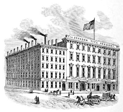 Engraving showing the Johnson Type Foundry building