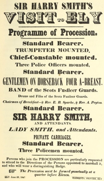 Handbill of Sir Harry Smith's visit to Ely