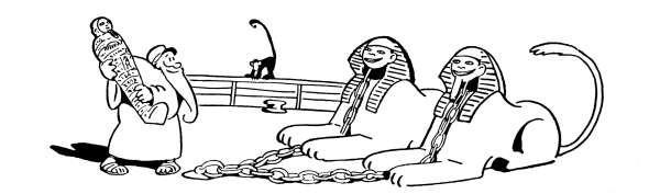 Noah feeds a mummy to the sphinxes.