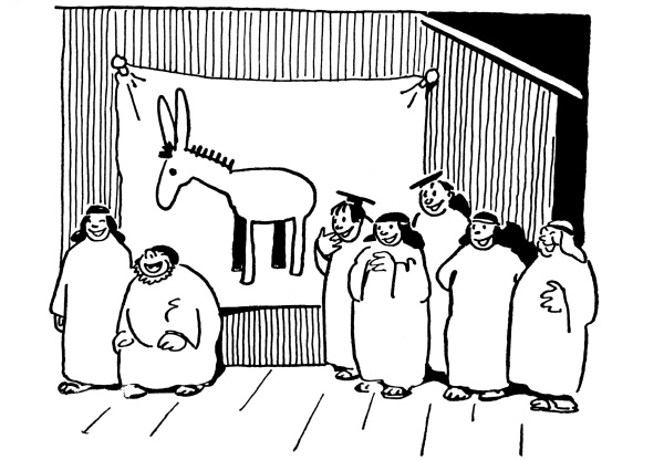 People in front of the donkey, laughing.