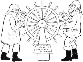 Illustration: Two men in rain gear at the wheel of a ship.