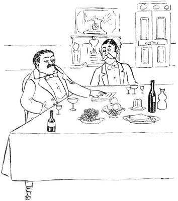 Illustration: Blood and another man at a dining table, discussing a prospectus.