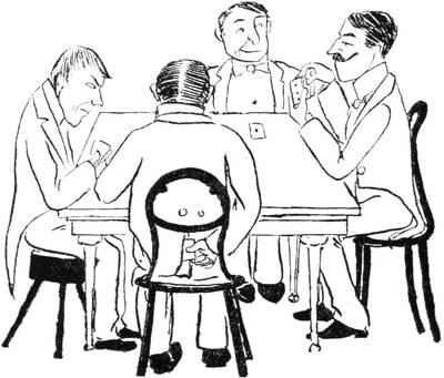 Illustration: Four men sitting at a table playing cards. One is Blood and he appears to be cheating.