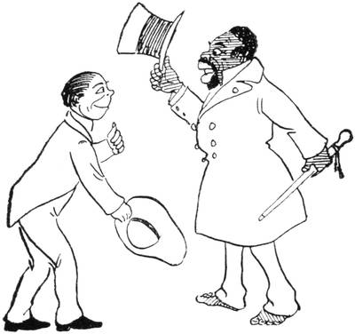 Illustration: Large well-dressed African man doffing his hat to our traveller, who is holding his hat in deference.