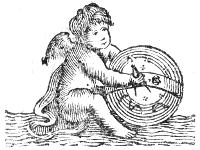 Decorative image of a cupid holding an orrery