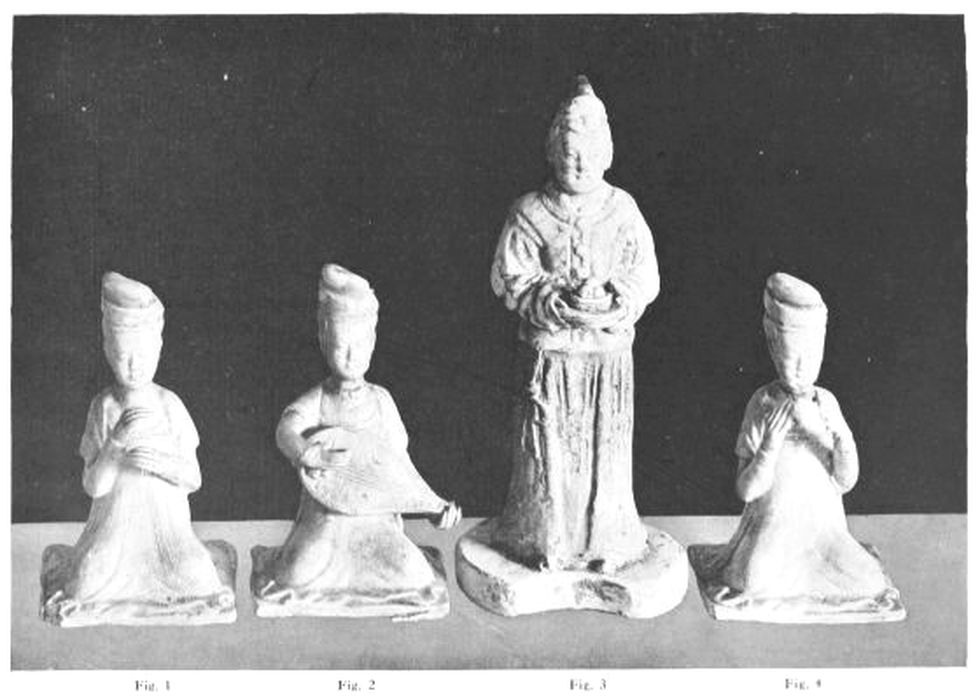 Three musicians are kneeling, one with instrument the other two with hands indicating singing. The attendant is standing holding his dish at naval level