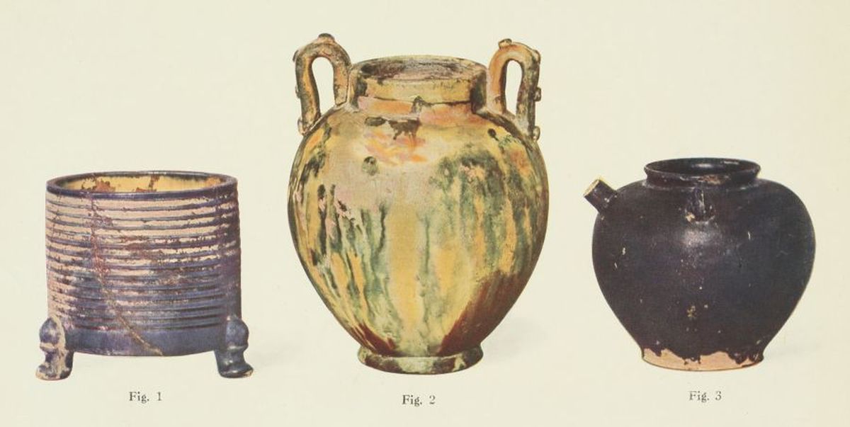 Three rounded vases.Fig. 1 shaped like a water tank on decorated stumps. Fig. 2 is cylindrical and tapered at each end, has handles on each side of the rim. Fig. 3 is short and round with a short pourer near the top.