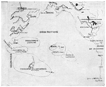 Sketch of Pacific Ocean spheres of Influence, made by Rizal when
President Harrison was taking a decided policy regarding Samoa.