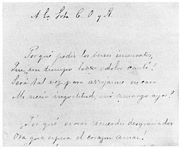 Facsimile of the beginning of a poem by Rizal to Miss C. O. y Keyes, Don Pablo’s charming daughter.