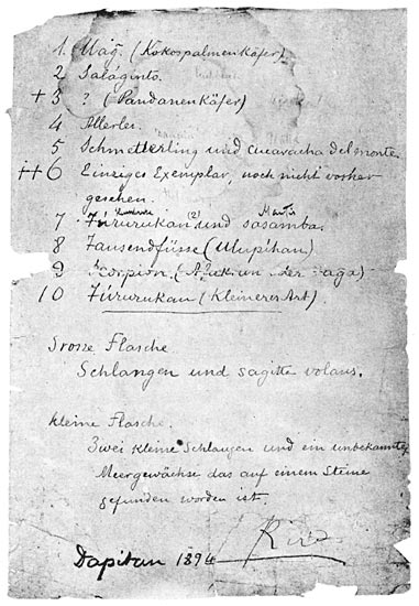 One of the lists of ethnographical material collected at Dapitan by Rizal for the Dresden Museum.