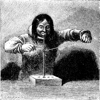 FIG. 1.--ESKIMO PRODUCING FIRE BY FRICTION.