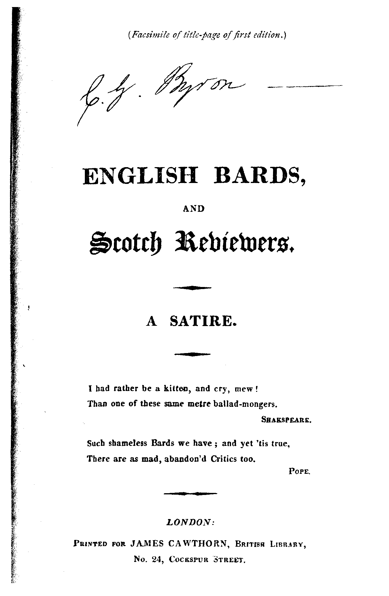 facsimile of title page of 'English Bards', including Byron's signature