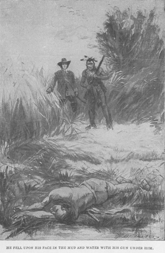 Illustration: He fell upon his face in the mud and water, with his gun under him.