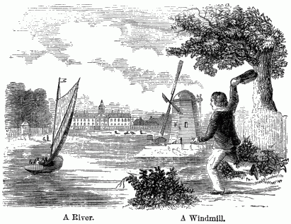 A boy waving to a sailboat on a river with a windmill in the distance.