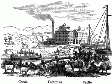 Factories in the backgroud with boats in a canal center; Cattle in the foreground.