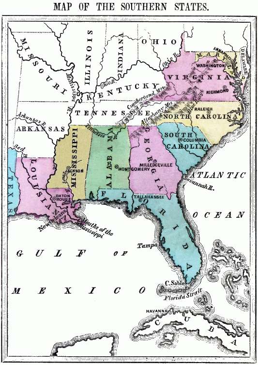 Flat map of the Southern United States.