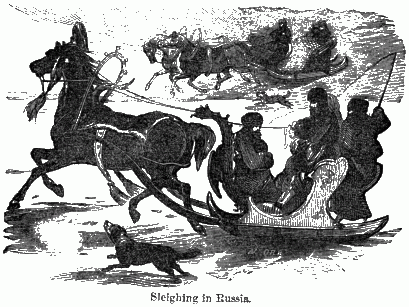 A two-horse sleigh in the background and a one-horse sleigh in the forground with a dog running alongside.