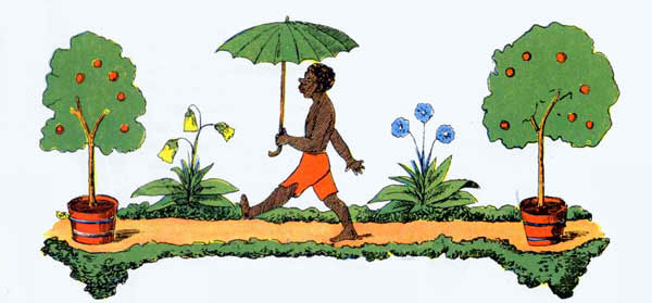 The Story of the Inky Boys: top image of a stereotyped brown-skinned African man marching with an umbrella.