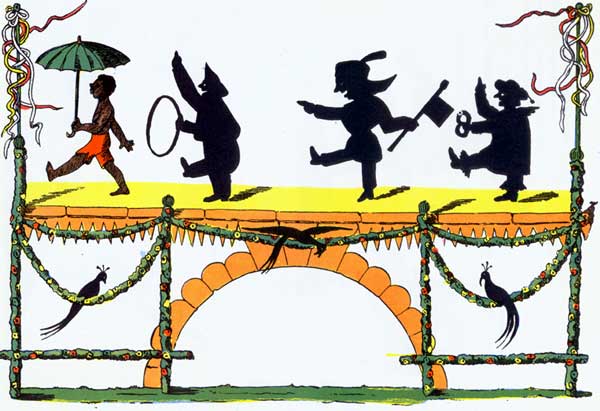 A stereotyped brown-skinned African man marching with an umbrella followed by black silhouettes of the three revelers; note that their "blackness" is stylized as an art form rather in contrast to the common stereotype.