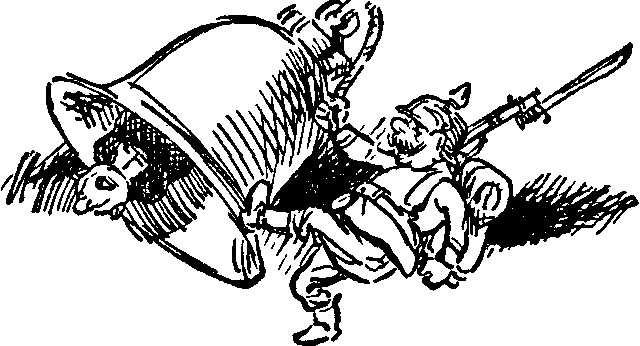 Cartoon drawing of WWI German Soldier kicking a large bell