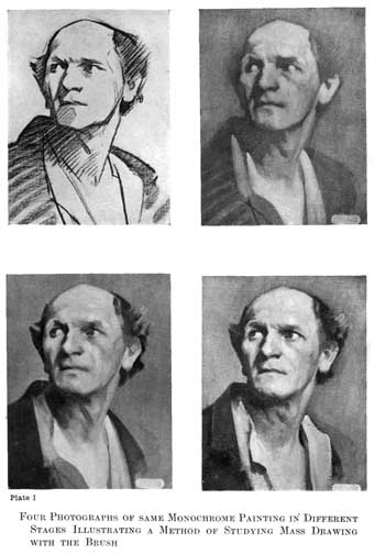 Plate I. FOUR PHOTOGRAPHS OF SAME MONOCHROME PAINTING IN DIFFERENT STAGES ILLUSTRATING A METHOD OF STUDYING MASS DRAWING WITH THE BRUSH