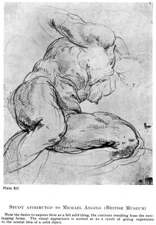 Plate XII. STUDY ATTRIBUTED TO MICHAEL ANGELO (BRITISH MUSEUM) Note the desire to express form as a felt solid thing, the contours resulting from the overlapping forms. The visual appearance is arrived at as a result of giving expression to the mental idea of a solid object.