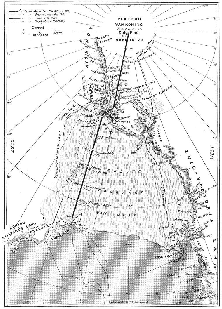 Kaart van de ontdekking der Zuidpool, naar een ontwerp van Roald Amundsen.