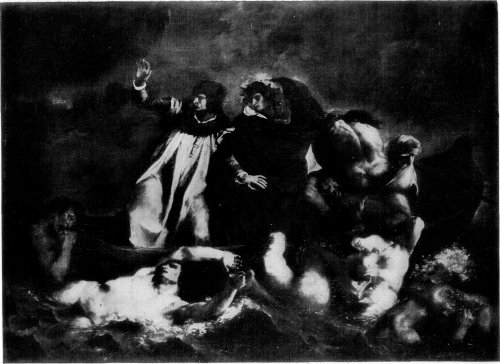 DANTE AND VIRGIL CROSSING THE LAKE WHICH SURROUNDS THE INFERNAL CITY OF DITÉ. FROM A PAINTING BY EUGÈNE DELACROIX, IN THE LOUVRE.
