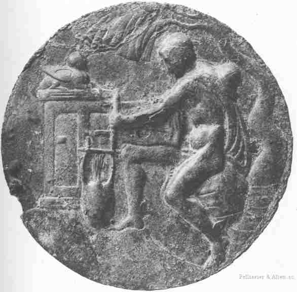 Hermes making the lyre.  Bronze relief in the British Museum (Fourth Century B.C.)
