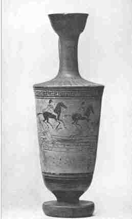 The Dioscuri coming to the feast of the Theoxenia.  From a Vase in the British Museum (Sixth Century B.C.)