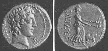 Silver denarius of C. Vibius Pansa (about 90 B.C.).  Obv.  Head of Apollo.  Rev.  Demeter searching for Persephone