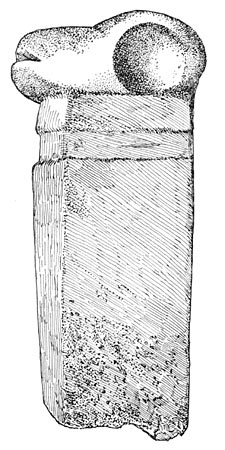 Ceremonial Hatchet with Mountain Sheep’s Head. From Casas Grandes. Broken. Length, 12.16 cm.